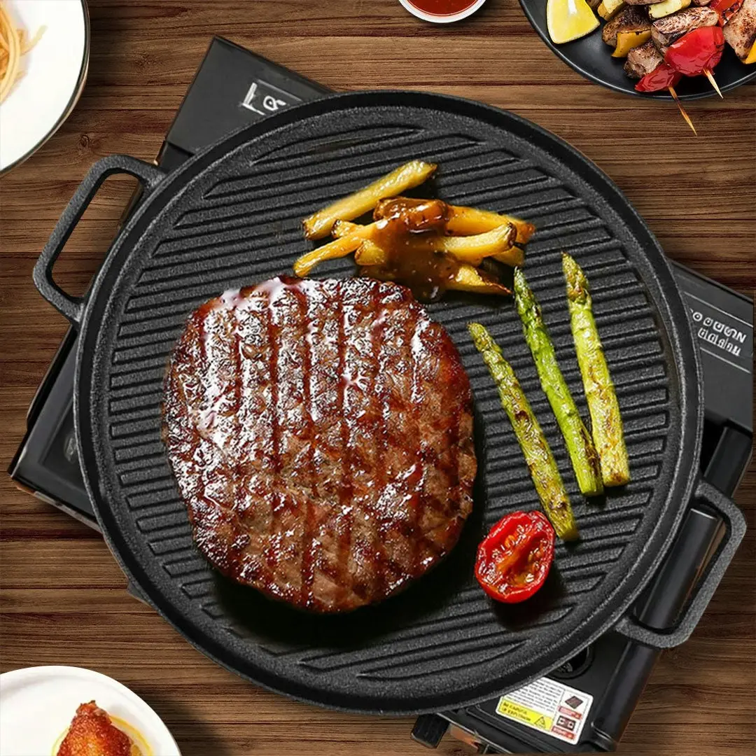 Soga 30cm Round Cast Iron Ribbed BBQ Pan Skillet Steak Sizzle Platter with Handle