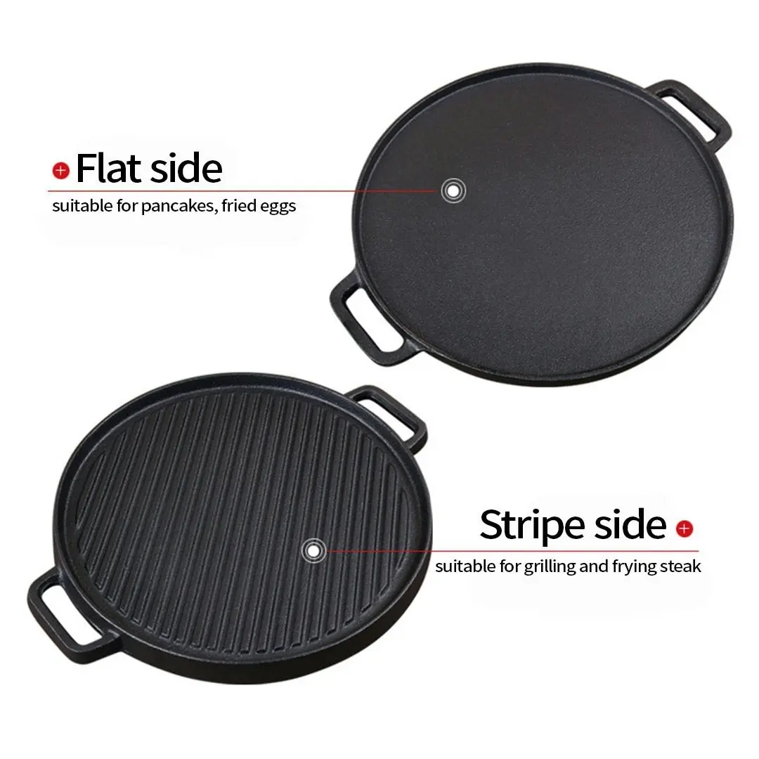 Soga 30cm Round Cast Iron Ribbed BBQ Pan Skillet Steak Sizzle Platter with Handle