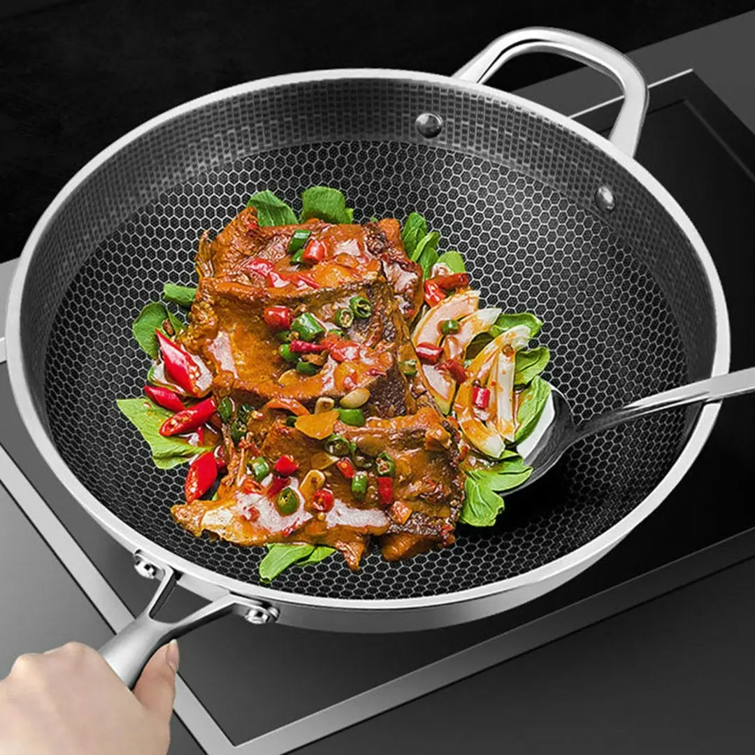 Soga 32cm Stainless Steel Tri-Ply Frying Cooking Fry Pan Textured Non Stick Interior Skillet with Glass Lid