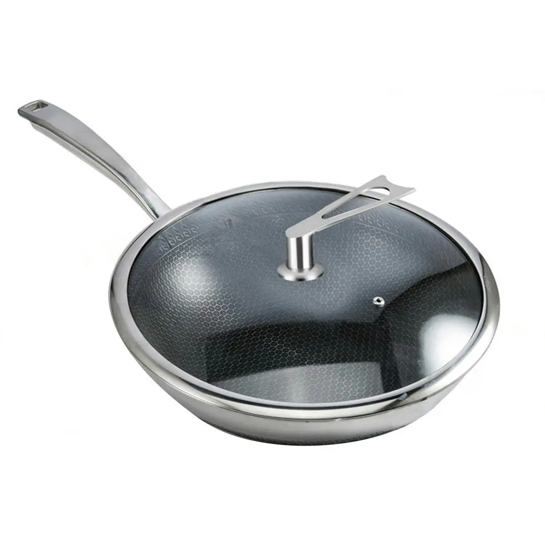 Soga 32cm Stainless Steel Tri-Ply Frying Cooking Fry Pan Textured Non Stick Interior Skillet with Glass Lid