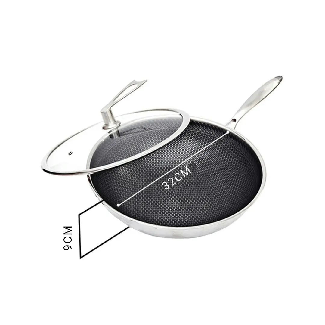 Soga 32cm Stainless Steel Tri-Ply Frying Cooking Fry Pan Textured Non Stick Interior Skillet with Glass Lid