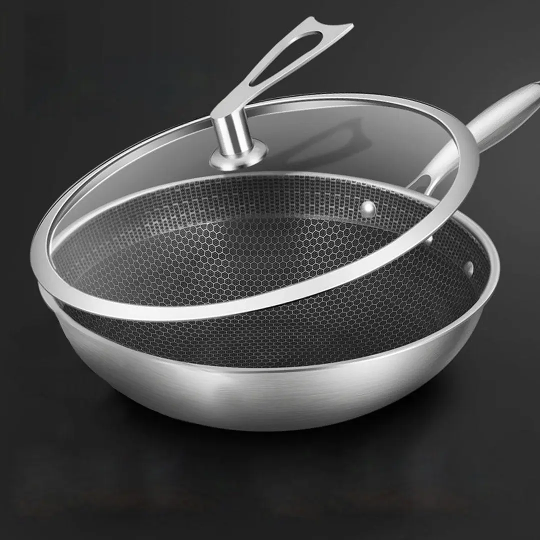 Soga 32cm Stainless Steel Tri-Ply Frying Cooking Fry Pan Textured Non Stick Interior Skillet with Glass Lid