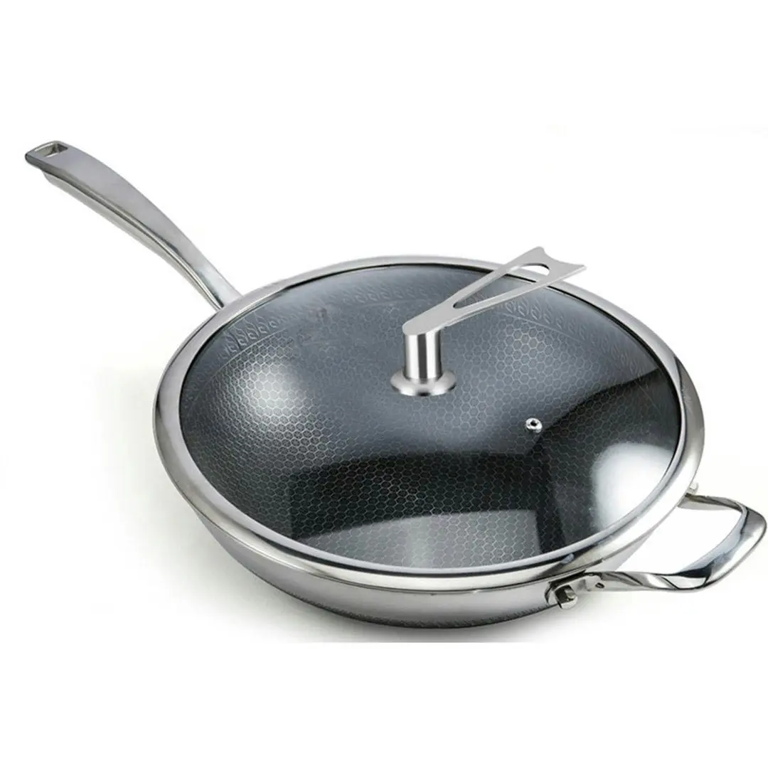 Soga 34cm Stainless Steel Tri-Ply Frying Cooking Fry Pan Textured Non Stick Skillet with Glass Lid and Helper Handle