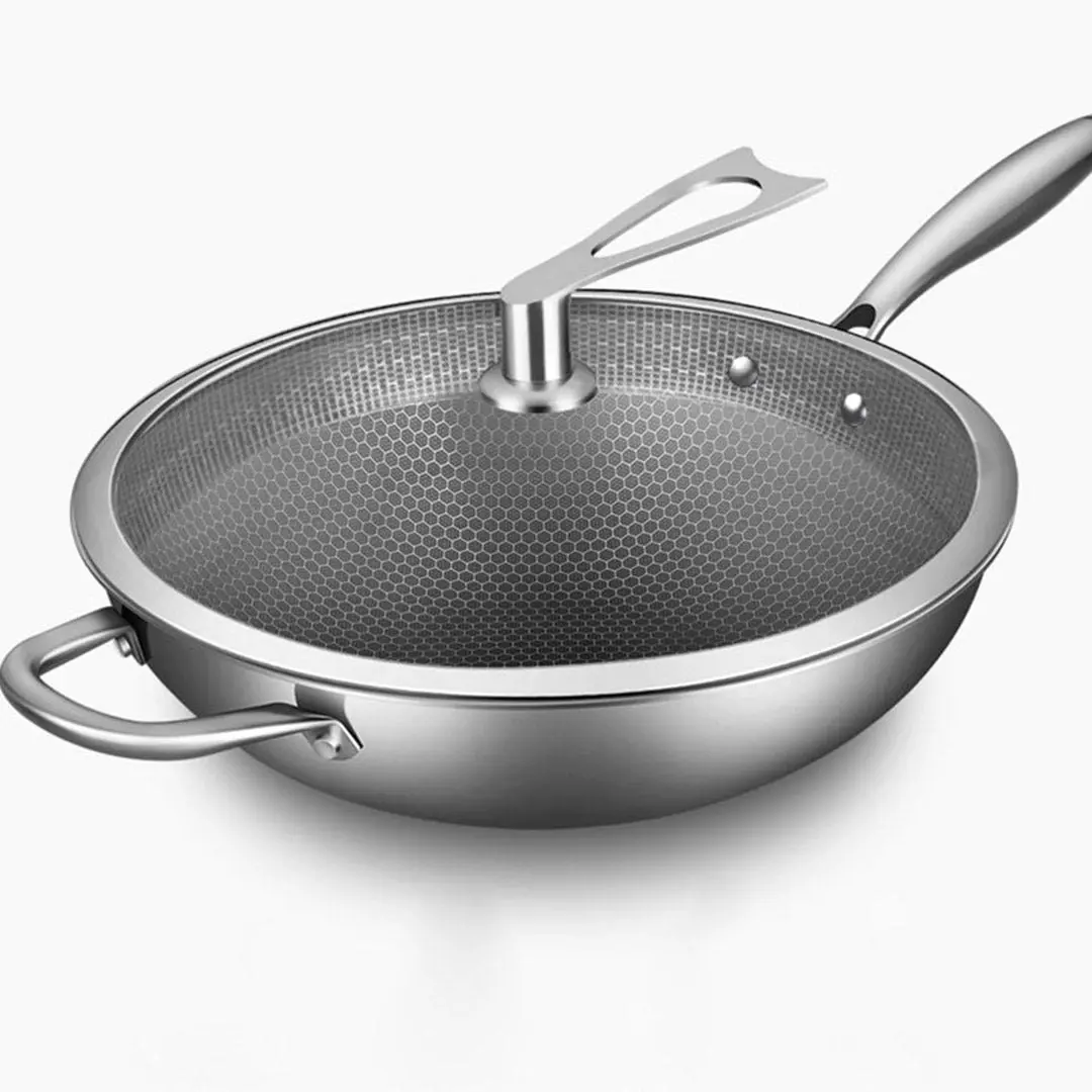 Soga 34cm Stainless Steel Tri-Ply Frying Cooking Fry Pan Textured Non Stick Skillet with Glass Lid and Helper Handle