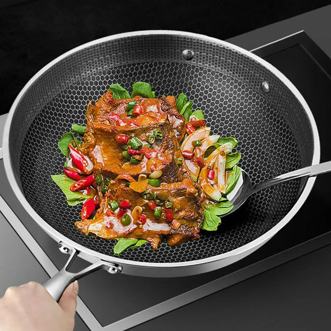 Soga 34cm Stainless Steel Tri-Ply Frying Cooking Fry Pan Textured Non Stick Skillet with Glass Lid and Helper Handle