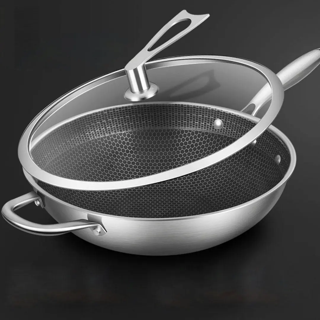 Soga 34cm Stainless Steel Tri-Ply Frying Cooking Fry Pan Textured Non Stick Skillet with Glass Lid and Helper Handle