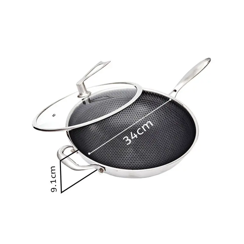 Soga 34cm Stainless Steel Tri-Ply Frying Cooking Fry Pan Textured Non Stick Skillet with Glass Lid and Helper Handle