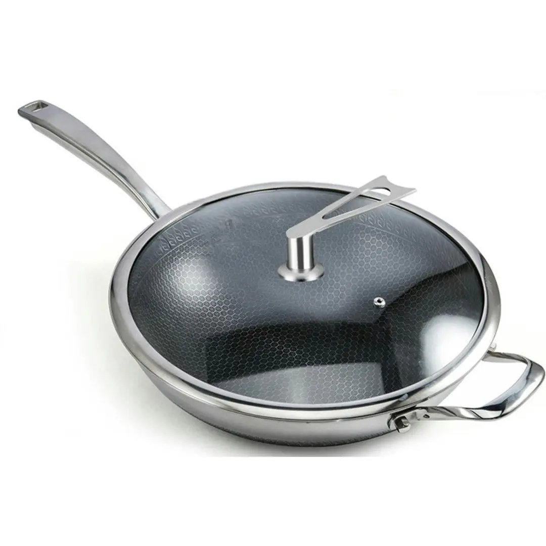 Soga 34cm Stainless Steel Tri-Ply Frying Cooking Fry Pan Textured Non Stick Skillet with Glass Lid and Helper Handle