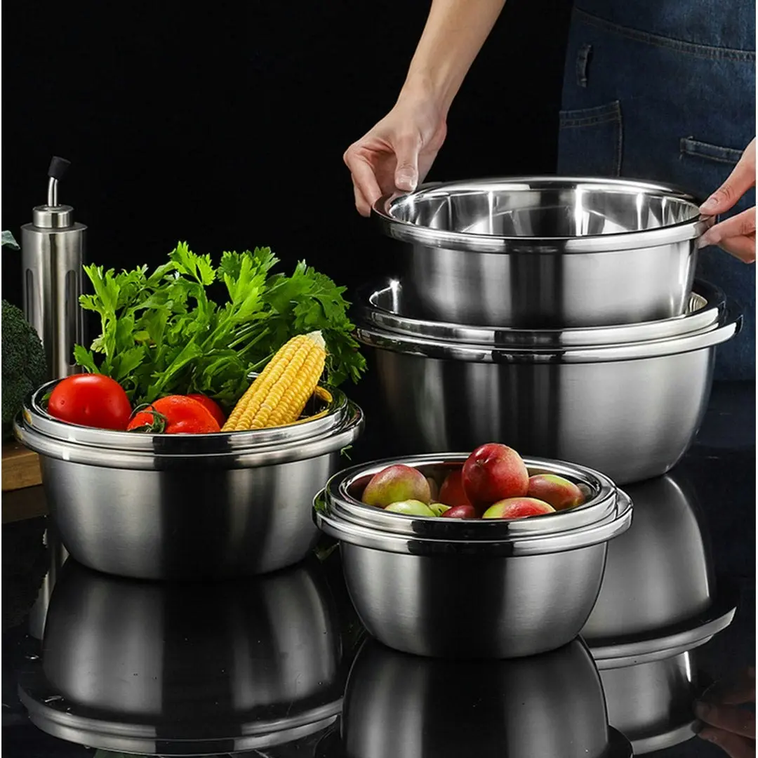 Soga 3Pcs Deepen Polished Stainless Steel Stackable Baking Washing Mixing Bowls Set Food Storage Basin