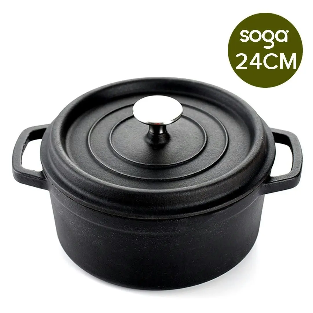 Soga Cast Iron 24cm Stewpot Casserole Stew Cooking Pot With Lid 3.6L Black