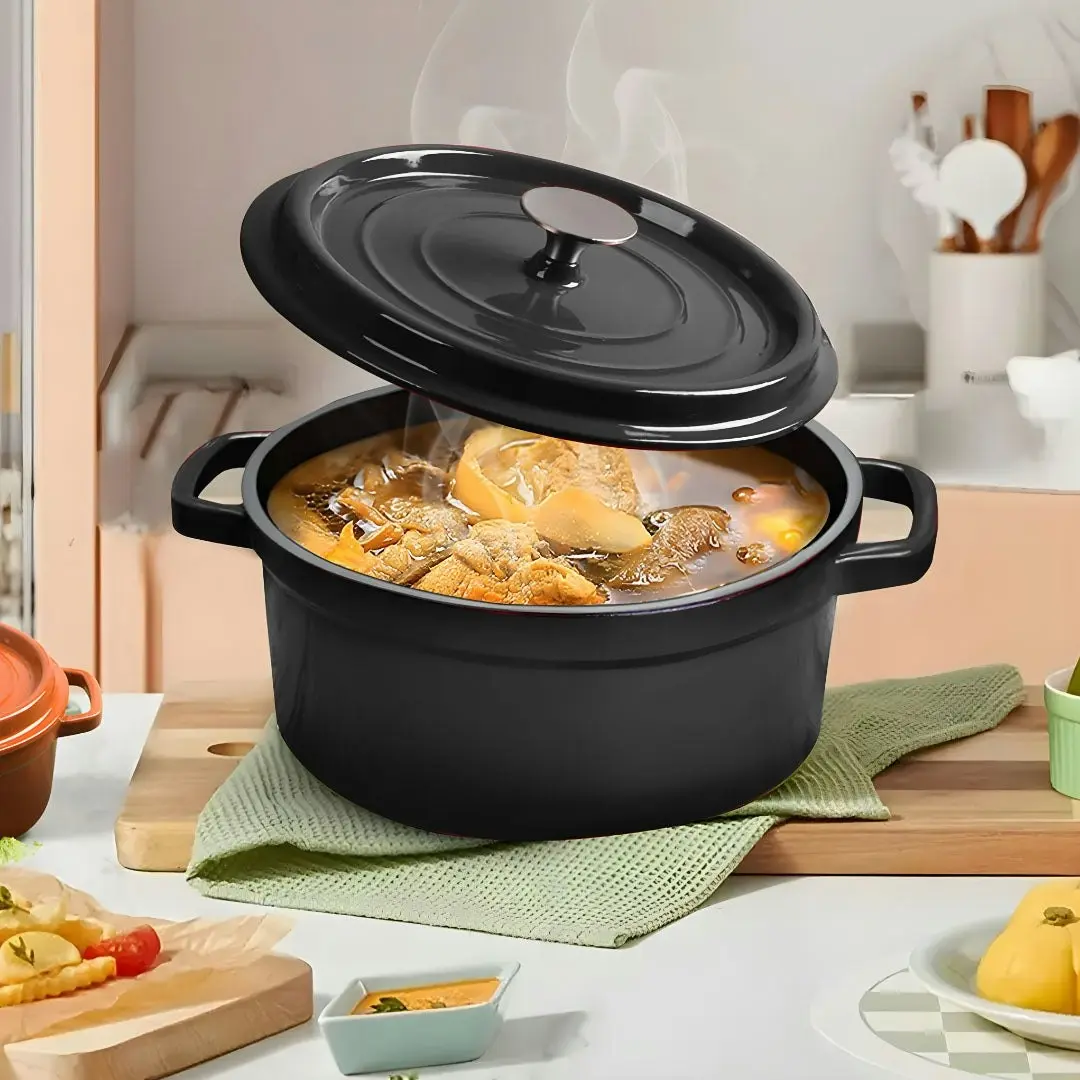 Soga Cast Iron 24cm Stewpot Casserole Stew Cooking Pot With Lid 3.6L Black