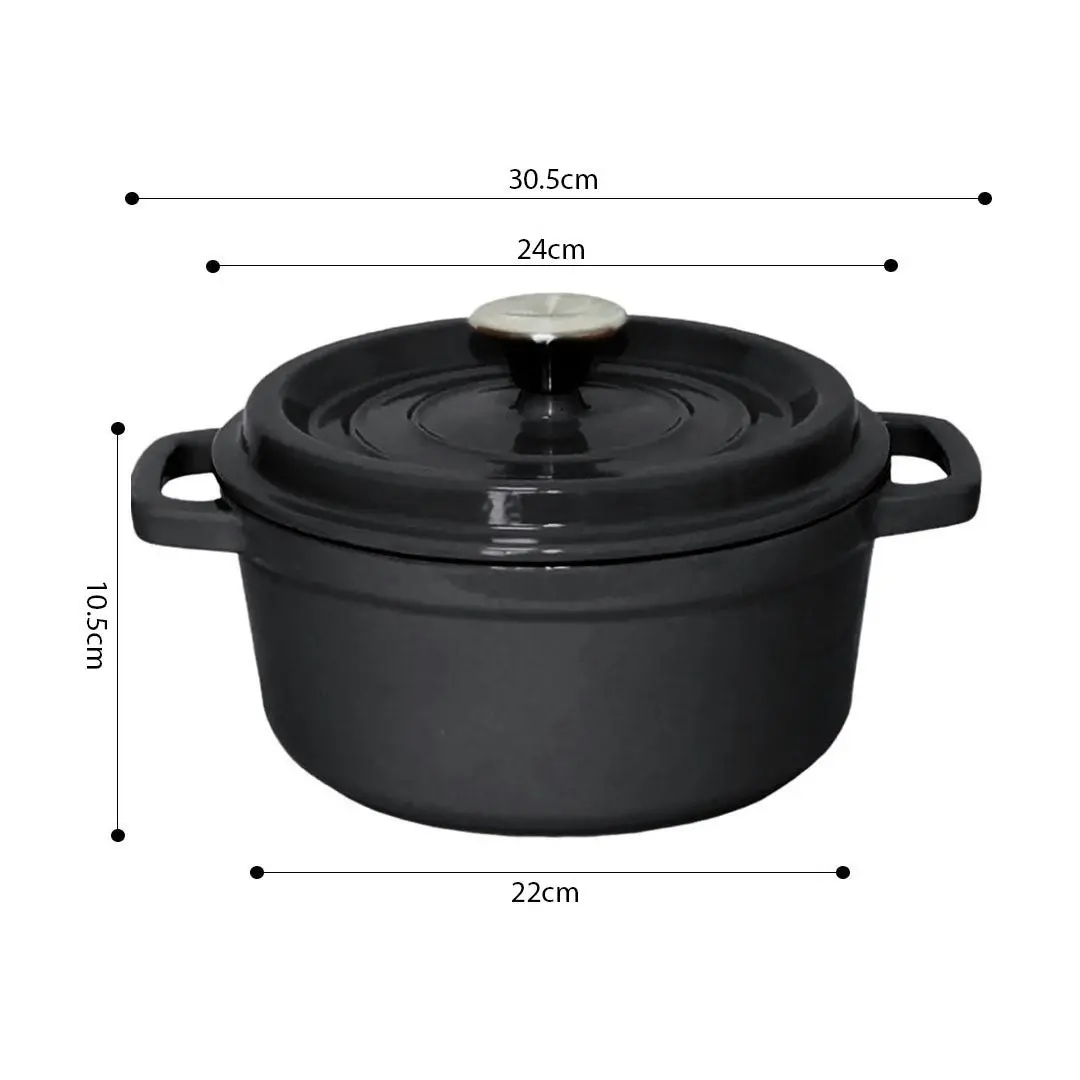 Soga Cast Iron 24cm Stewpot Casserole Stew Cooking Pot With Lid 3.6L Black