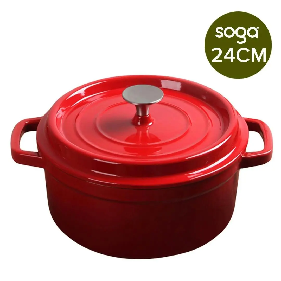 Soga Cast Iron Enamel Porcelain Stewpot Casserole Stew Cooking Pot With Lid 3.6L Red 24cm