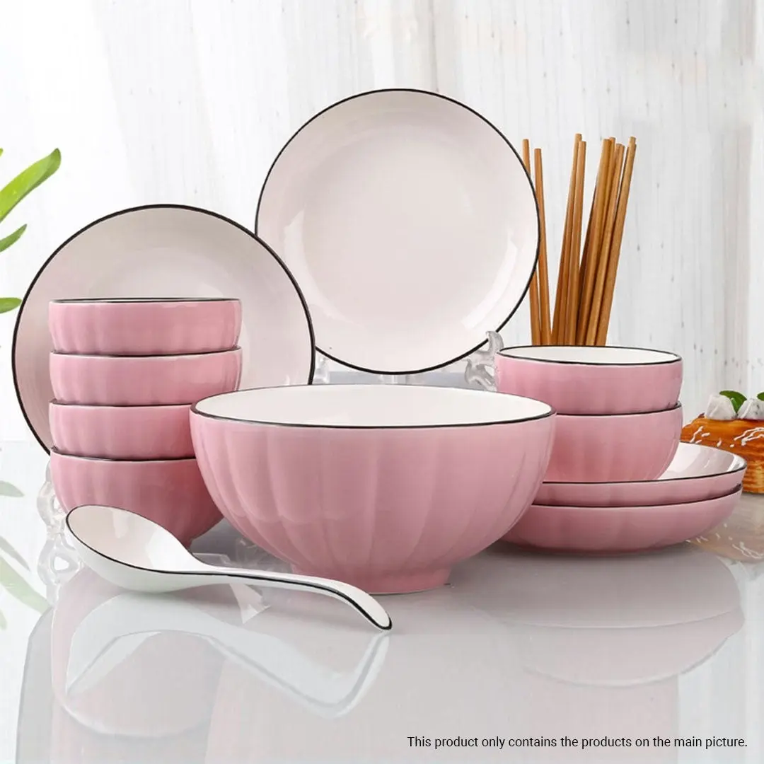 Soga Pink Japanese Style Ceramic Dinnerware Crockery Soup Bowl Plate Server Kitchen Home Decor Set of 12