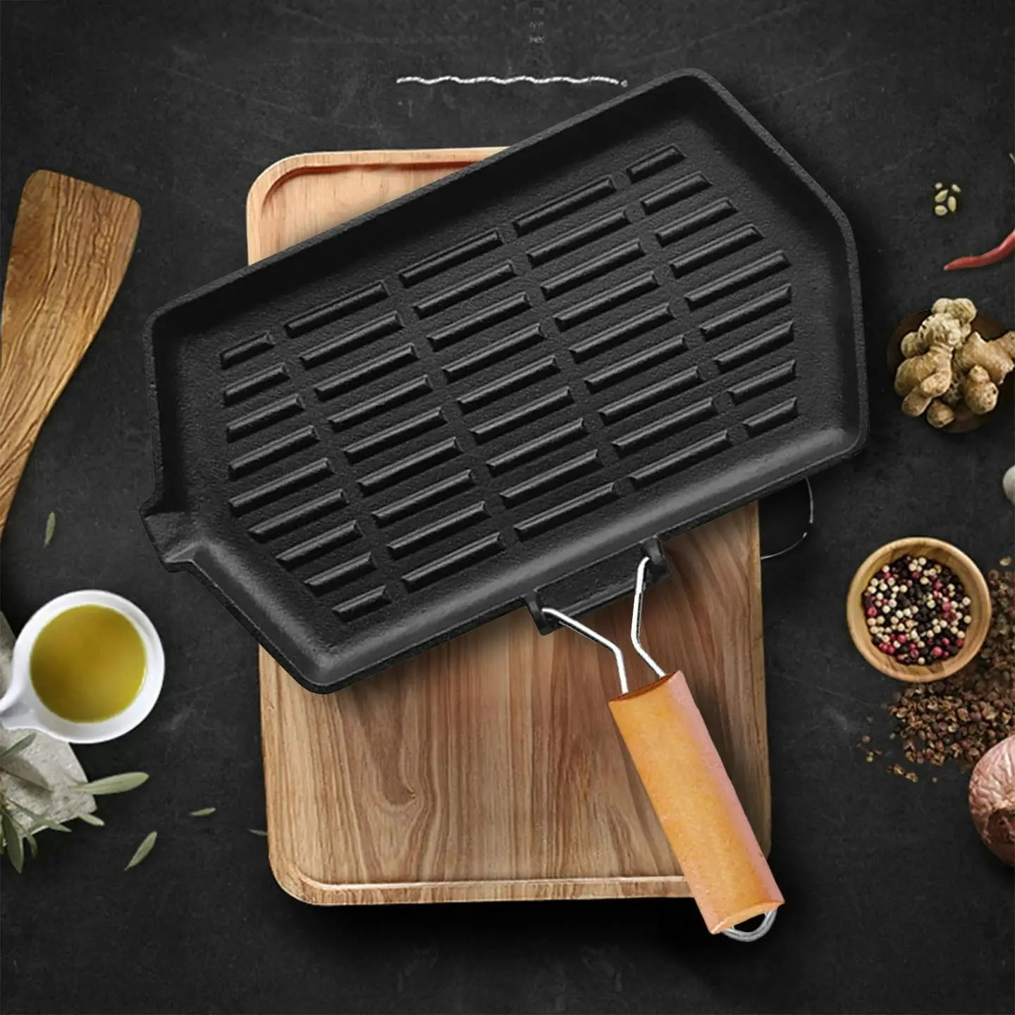 Soga Rectangular Cast Iron Griddle Grill Frying Pan with Folding Wooden Handle