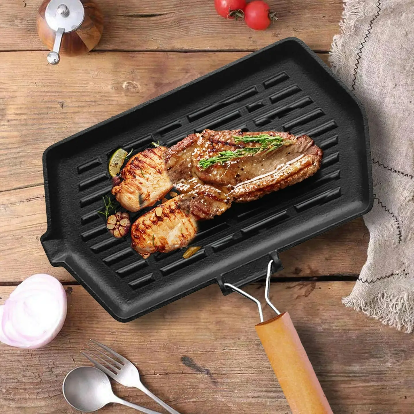 Soga Rectangular Cast Iron Griddle Grill Frying Pan with Folding Wooden Handle