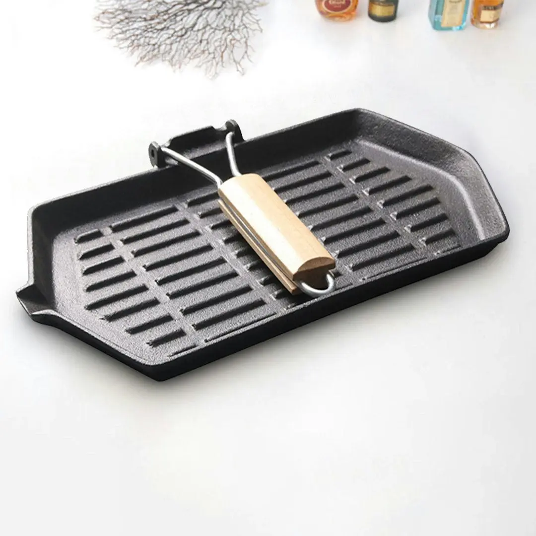 Soga Rectangular Cast Iron Griddle Grill Frying Pan with Folding Wooden Handle