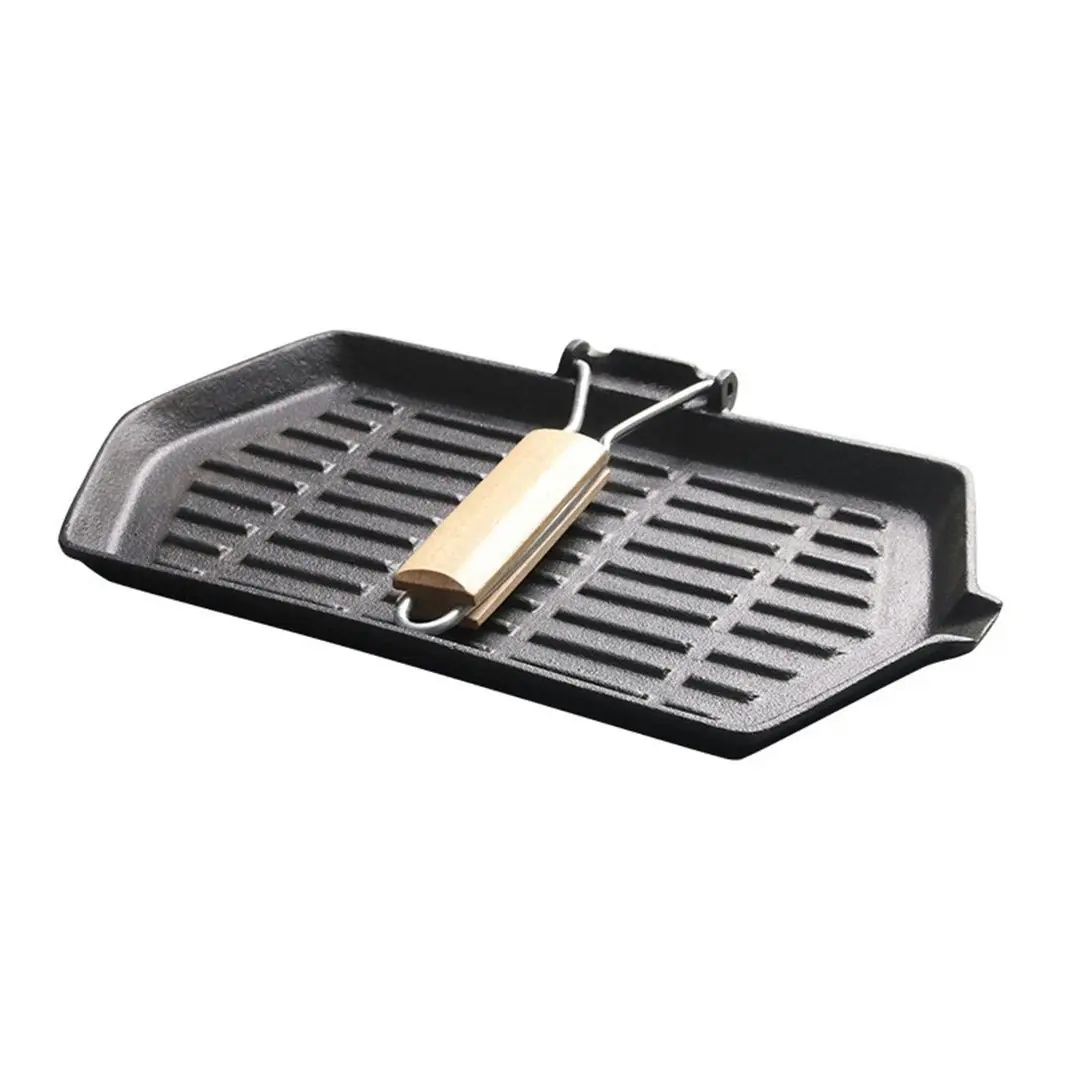 Soga Rectangular Cast Iron Griddle Grill Frying Pan with Folding Wooden Handle