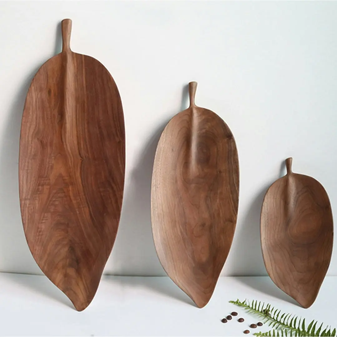 Soga Set of 2 Walnut Leaf Shape Wooden Tray Food Charcuterie Serving Board Paddle Centerpiece Home Decor