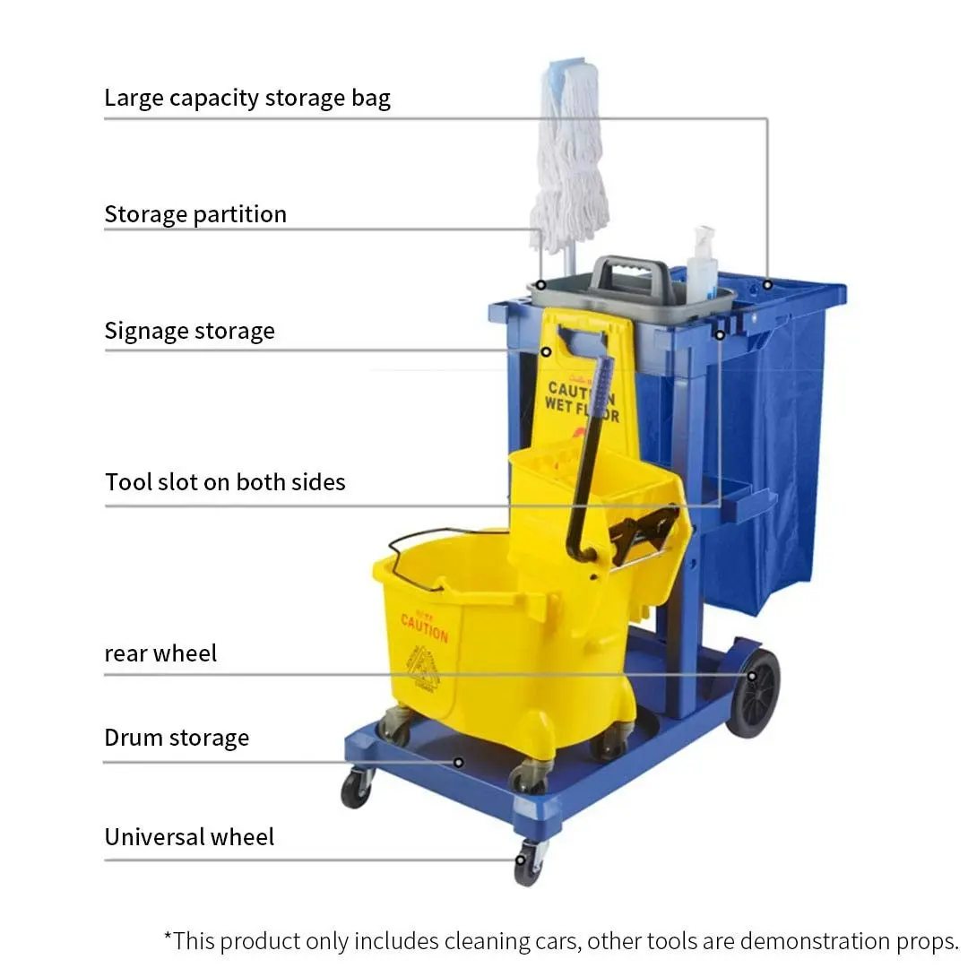 Soga 3 Tier Multifunction Janitor Cleaning Waste Cart Trolley and Waterproof Bag Blue