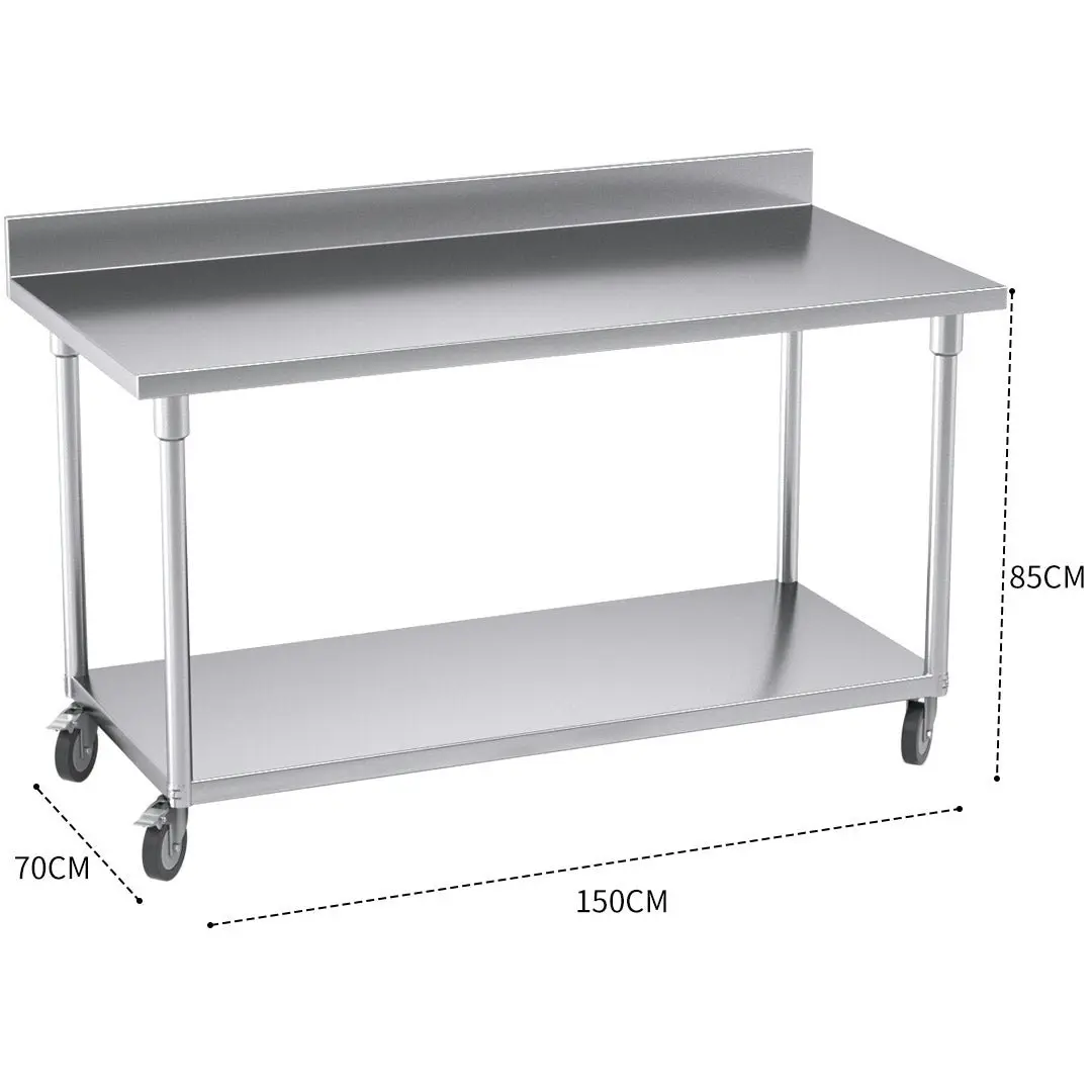 Soga 150cm Commercial Catering Kitchen Stainless Steel Prep Work Bench Table with Backsplash and Caster Wheels