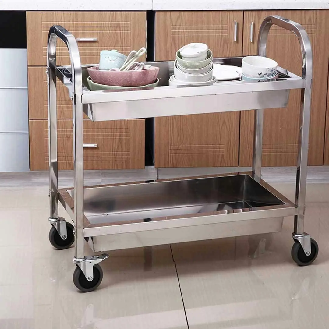 Soga 2 Tier Stainless Steel Kitchen Trolley Bowl Collect Service Food Cart 75x40x83cm Small