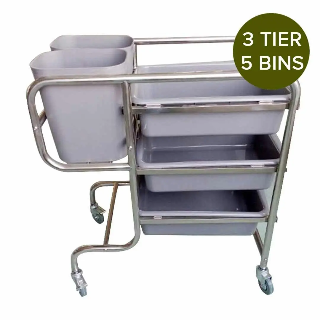 Soga 3 Tier Food Trolley Food Waste Cart Five Buckets Kitchen Food Utility 80x43x89cm Round