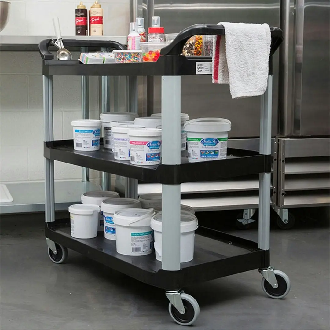 Soga 3 Tier Food Trolley Food Waste Cart Storage Mechanic Kitchen Black 83.5x43x95cm Small