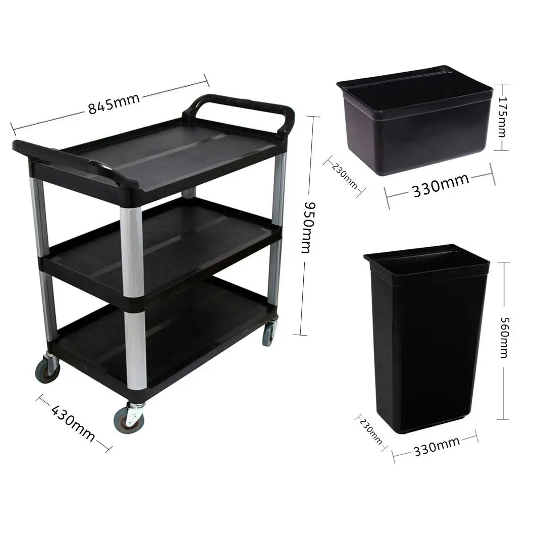 Soga 3 Tier Food Trolley Food Waste Cart With Two Bins Storage Kitchen Black 83x43x95cm Small