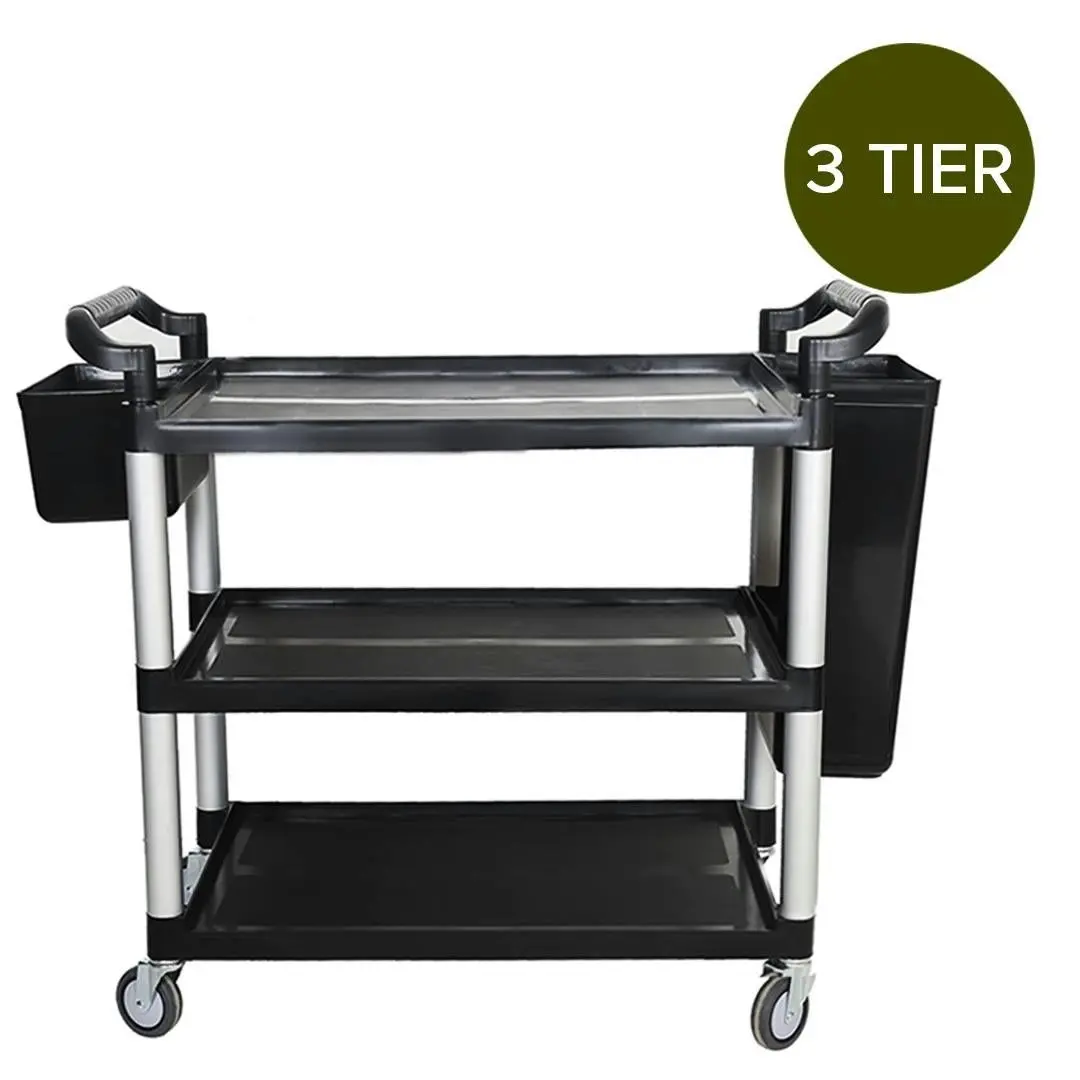 Soga 3 Tier Food Trolley Food Waste Cart With Two Bins Storage Kitchen Black 83x43x95cm Small