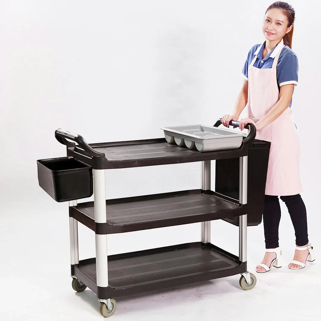 Soga 3 Tier Food Trolley Food Waste Cart With Two Bins Storage Kitchen Black 83x43x95cm Small