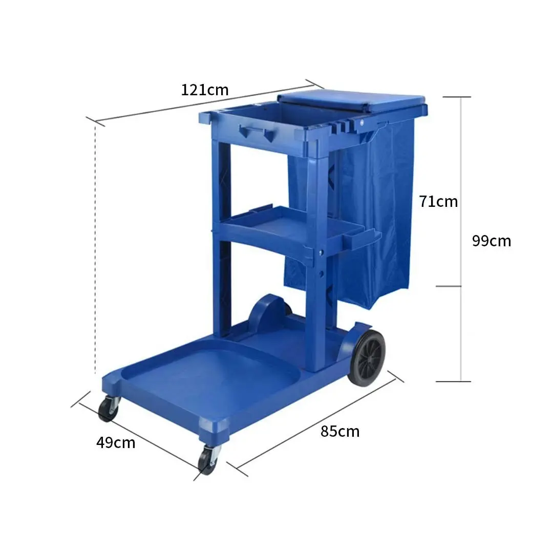 Soga 3 Tier Multifunction Janitor Cleaning Waste Cart Trolley and Waterproof Bag with Lid Blue