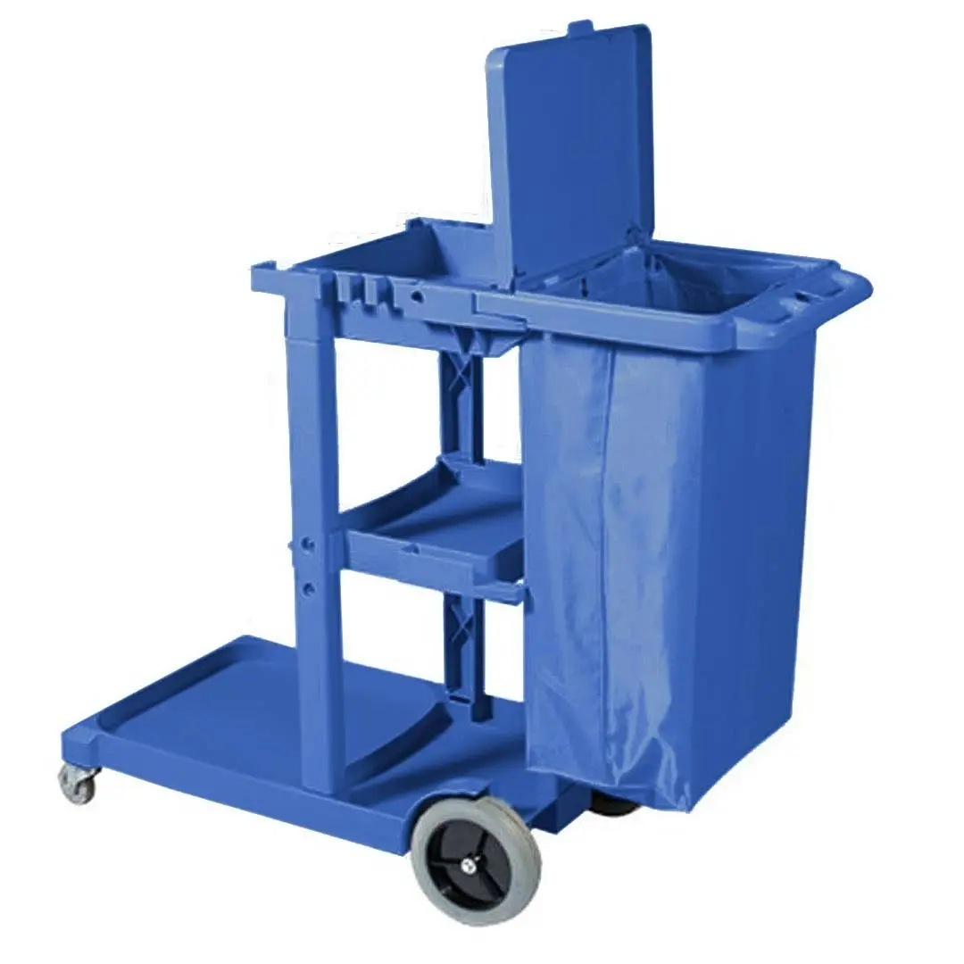 Soga 3 Tier Multifunction Janitor Cleaning Waste Cart Trolley and Waterproof Bag with Lid Blue