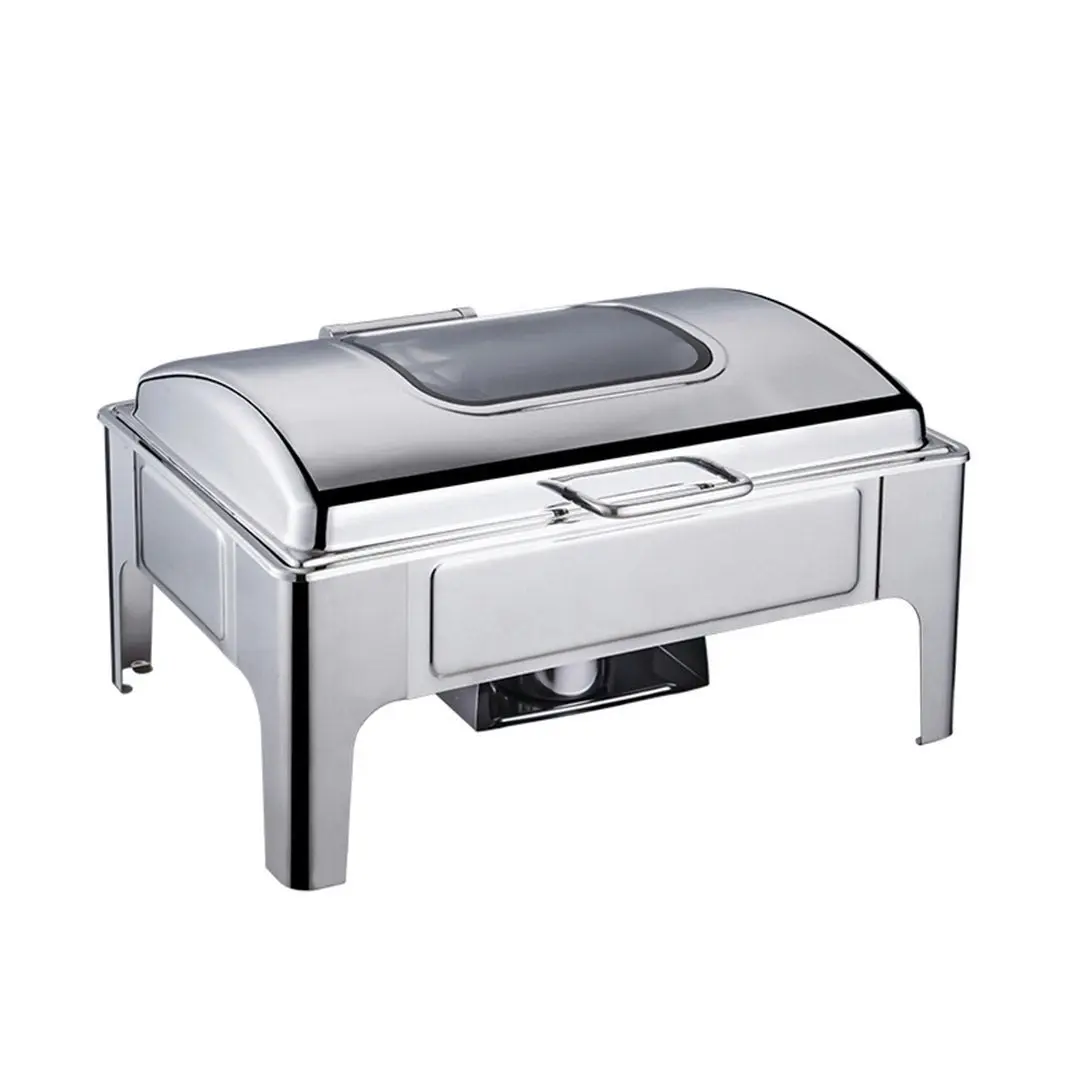 Soga 9L Rectangular Stainless Steel Soup Warmer Roll Top Chafer Chafing Dish Set with Glass Visual Window Lid