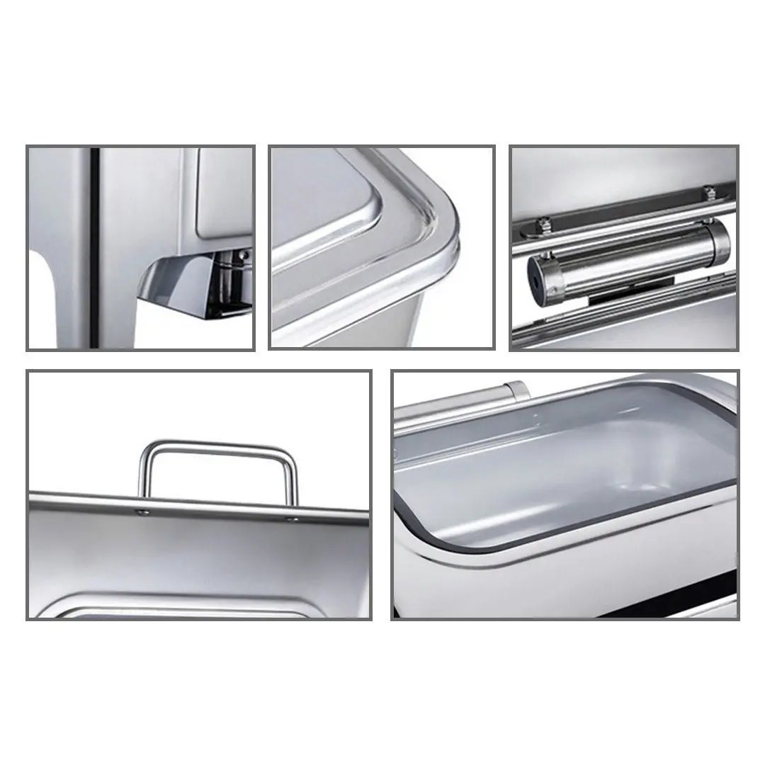 Soga 9L Rectangular Stainless Steel Soup Warmer Roll Top Chafer Chafing Dish Set with Glass Visual Window Lid