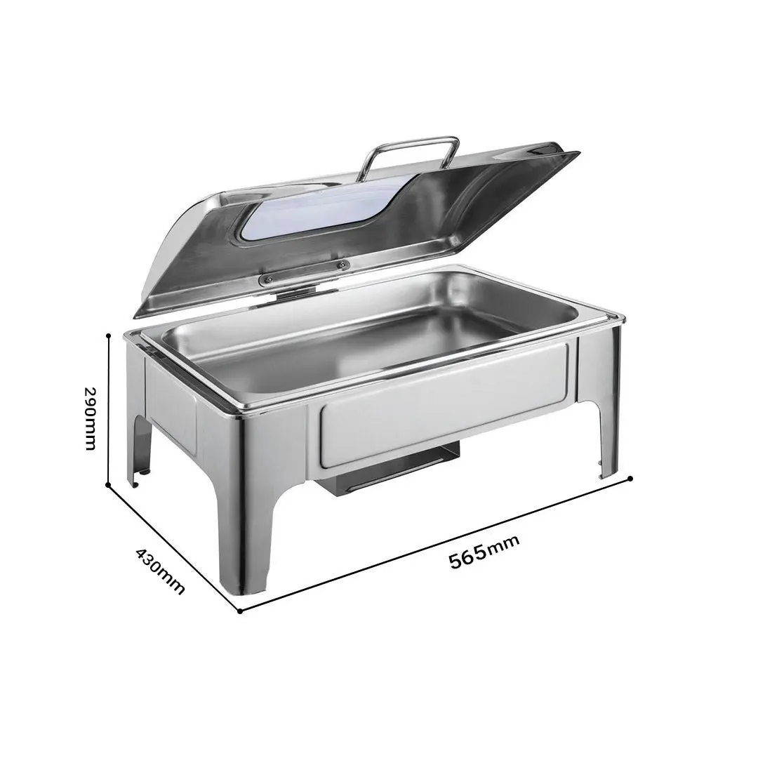 Soga 9L Rectangular Stainless Steel Soup Warmer Roll Top Chafer Chafing Dish Set with Glass Visual Window Lid