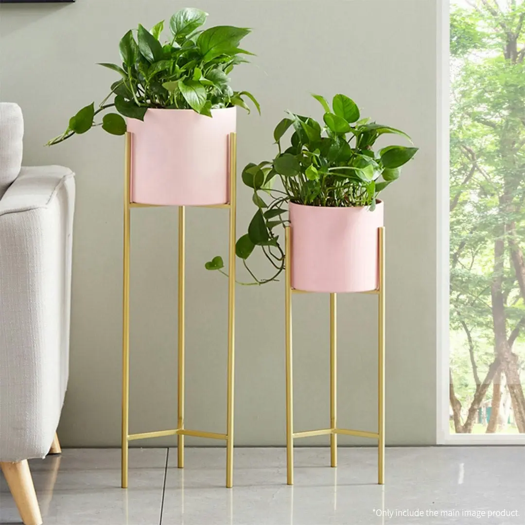 Soga 2 Layer 42cm Gold Metal Plant Stand with Pink Flower Pot Holder Corner Shelving Rack Indoor Display