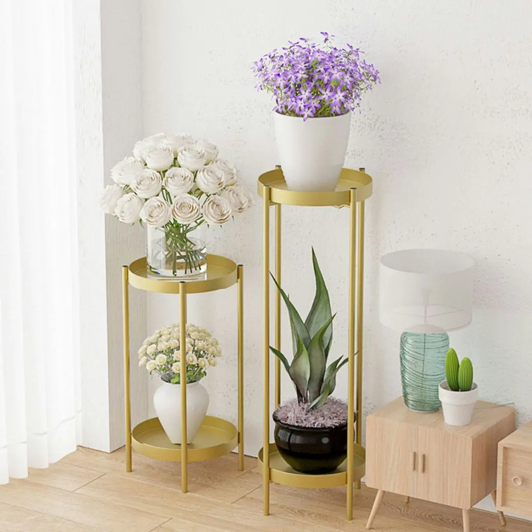 Soga 2 Layer 50cm Gold Metal Plant Stand Flower Pot Holder Corner Shelving Rack Indoor Display