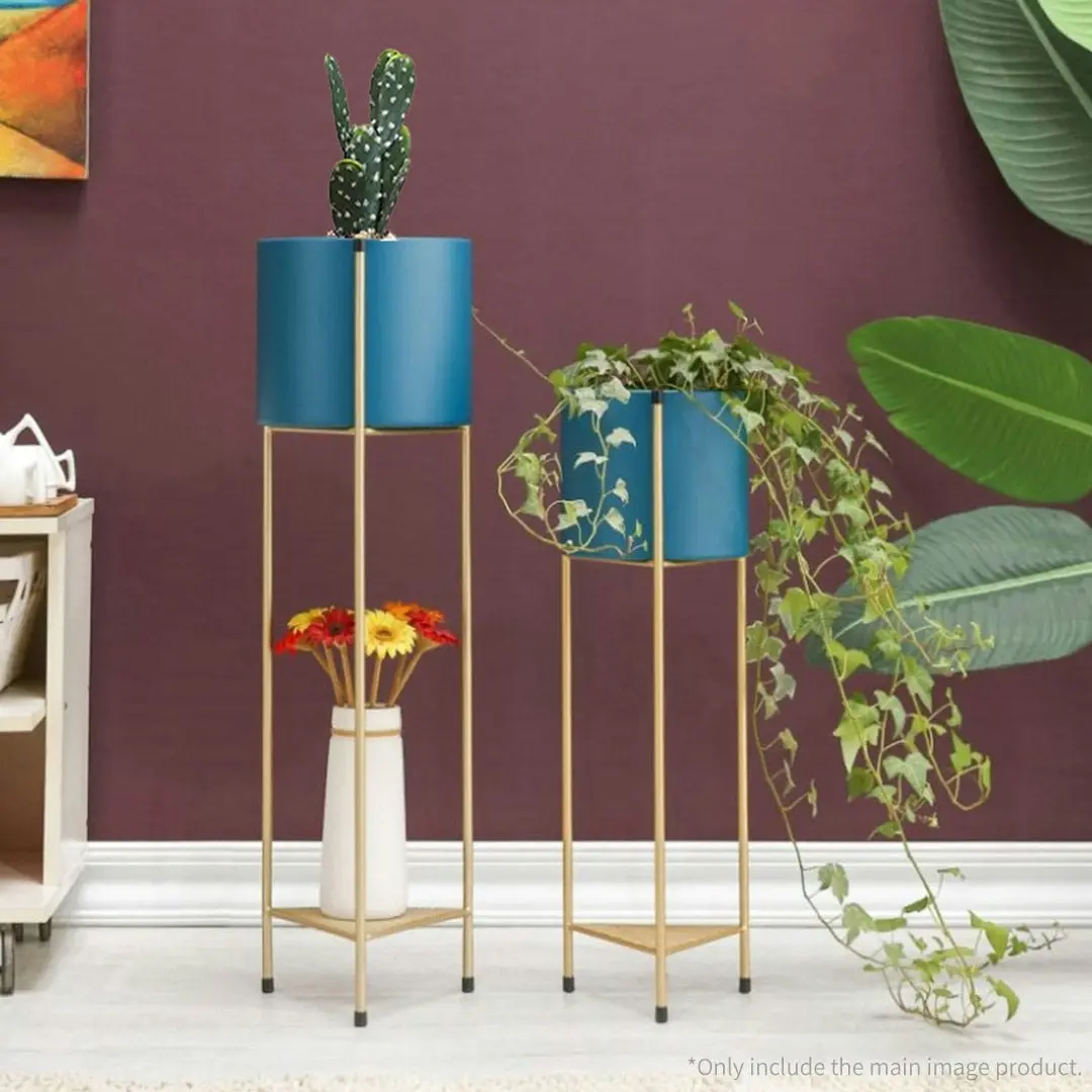 Soga 2 Layer 81cm Gold Metal Plant Stand with Blue Flower Pot Holder Corner Shelving Rack Indoor Display