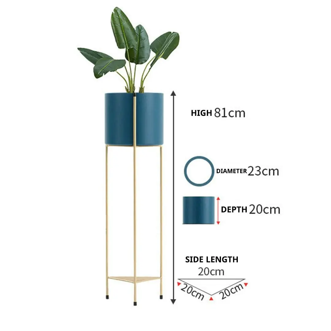 Soga 2 Layer 81cm Gold Metal Plant Stand with Blue Flower Pot Holder Corner Shelving Rack Indoor Display