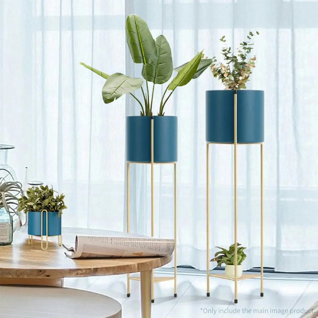 Soga 2 Layer 81cm Gold Metal Plant Stand with Blue Flower Pot Holder Corner Shelving Rack Indoor Display