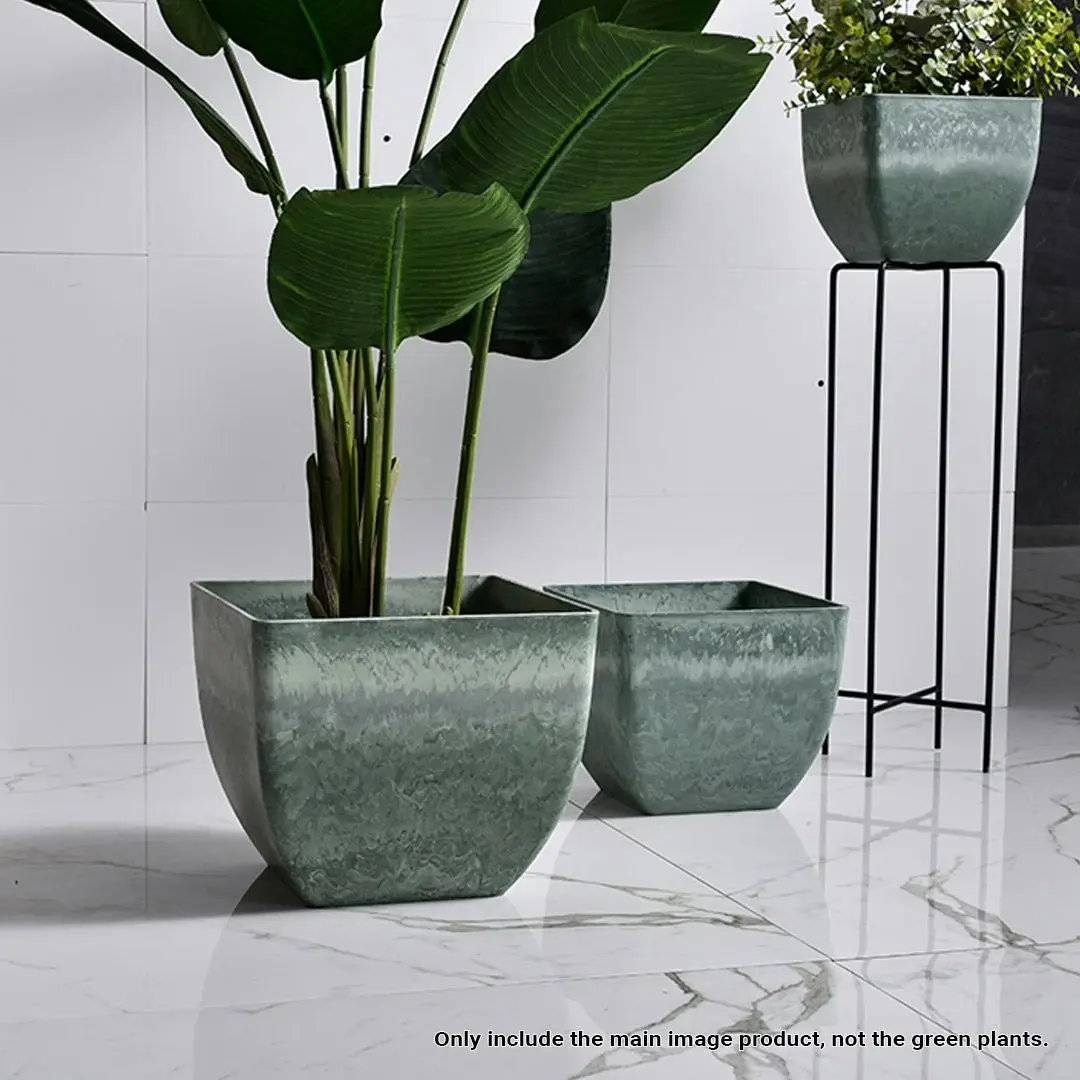 Soga 32cm Green Grey Square Resin Plant Flower Pot in Cement Pattern Planter Cachepot for Indoor Home Office