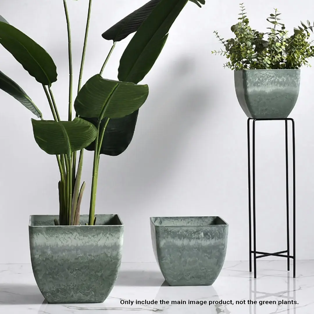 Soga 32cm Green Grey Square Resin Plant Flower Pot in Cement Pattern Planter Cachepot for Indoor Home Office