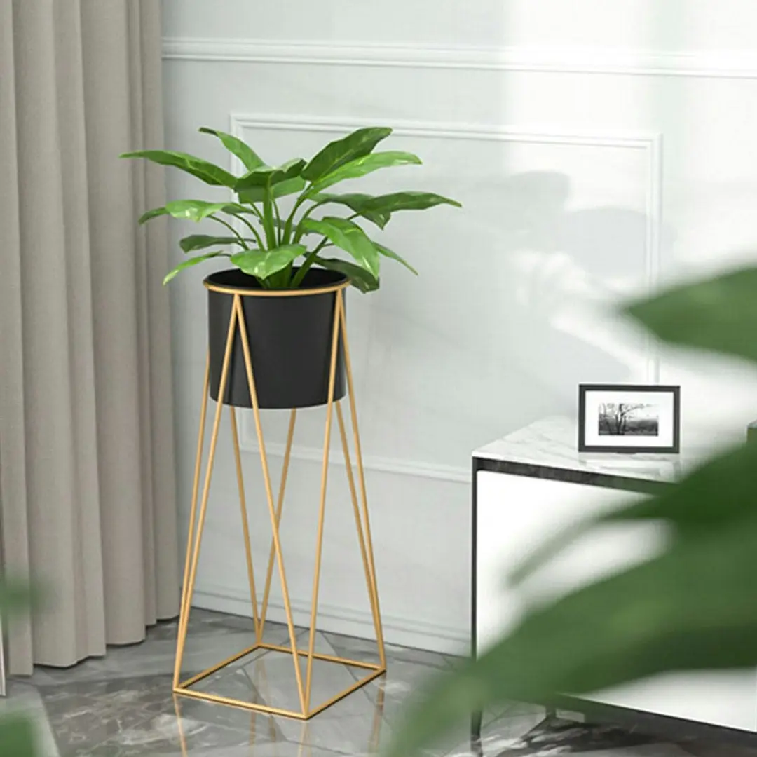 Soga 50cm Gold Metal Plant Stand with Black Flower Pot Holder Corner Shelving Rack Indoor Display