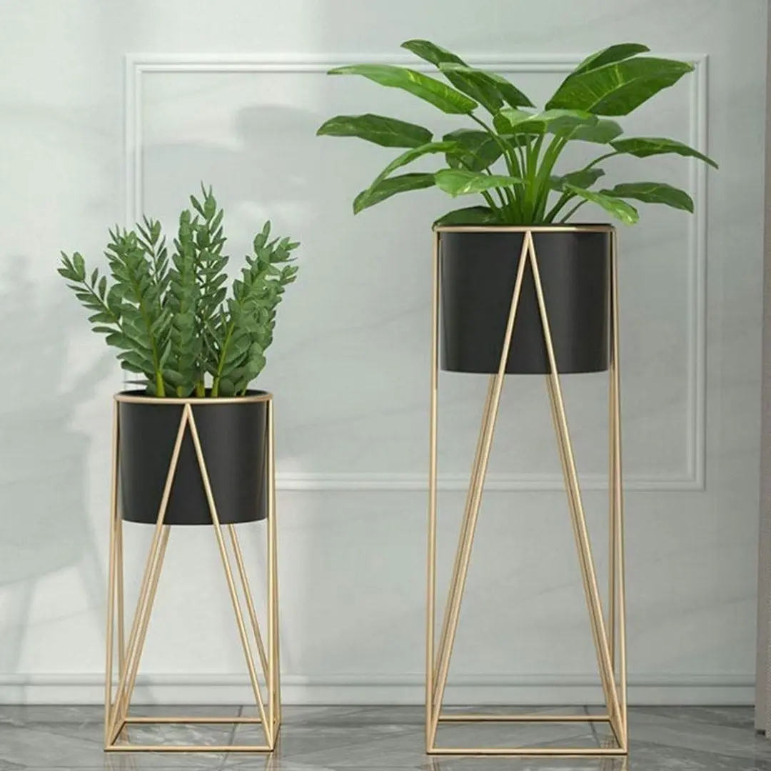 Soga 50cm Gold Metal Plant Stand with Black Flower Pot Holder Corner Shelving Rack Indoor Display