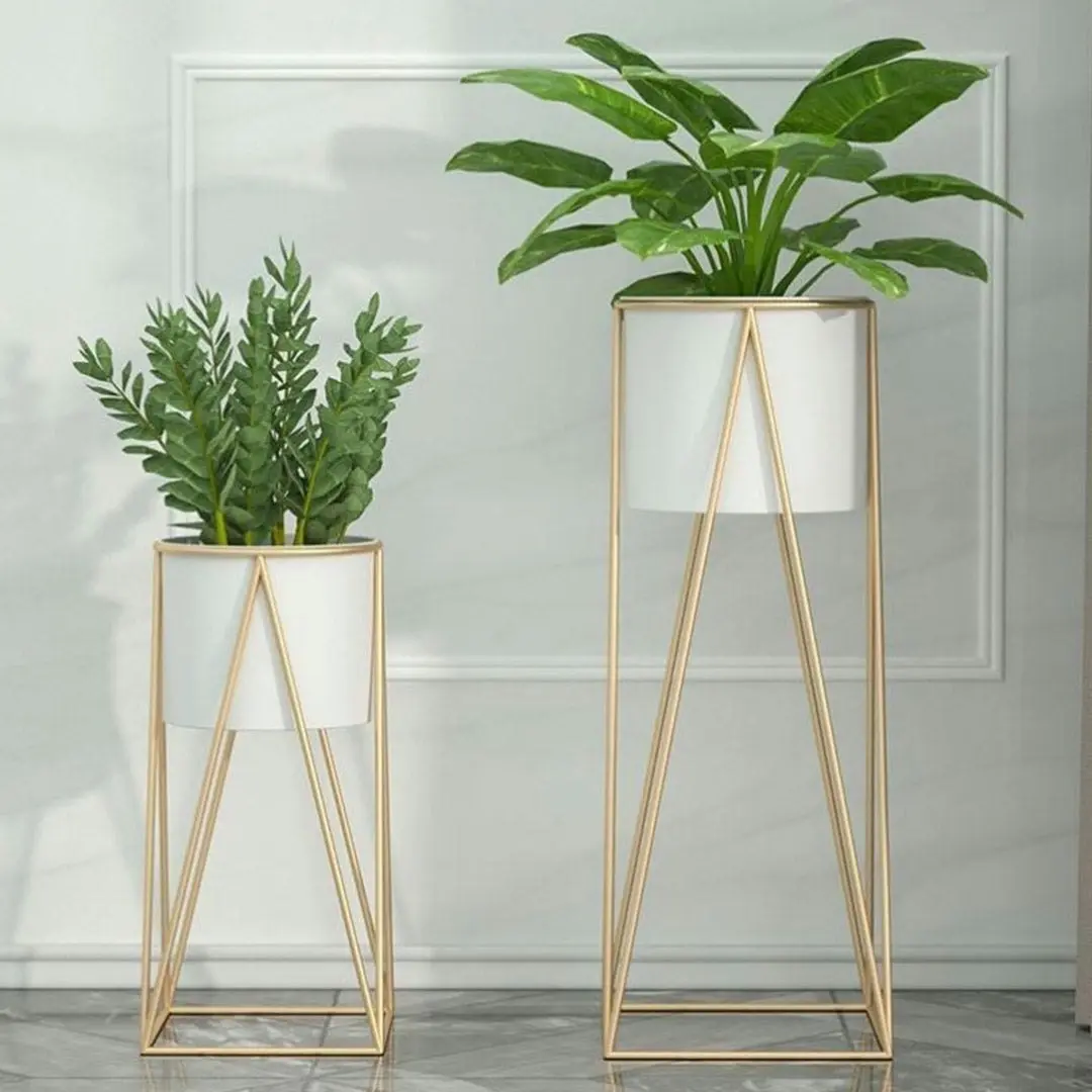 Soga 50cm Gold Metal Plant Stand with White Flower Pot Holder Corner Shelving Rack Indoor Display