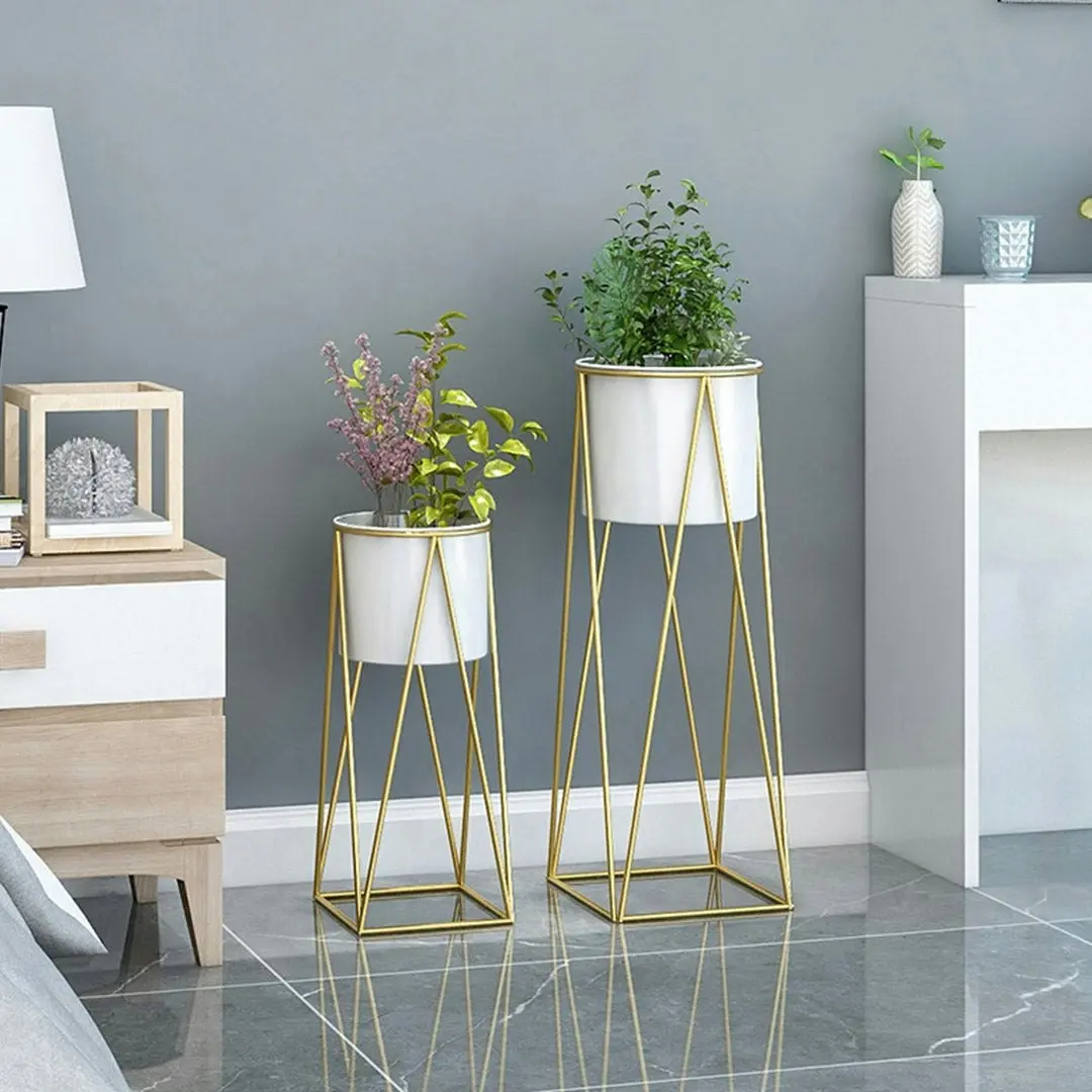 Soga 50cm Gold Metal Plant Stand with White Flower Pot Holder Corner Shelving Rack Indoor Display