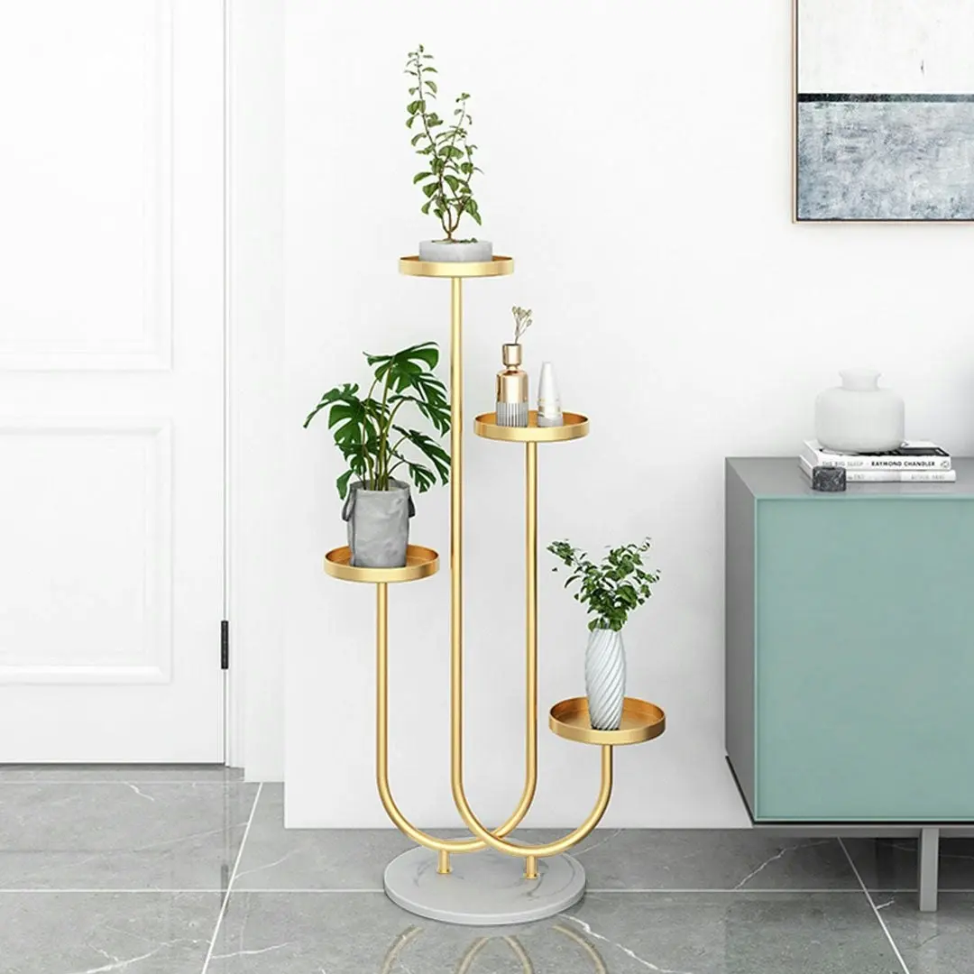 Soga U Shaped Plant Stand Round Flower Pot Tray Living Room Balcony Display Gold Metal Decorative Shelf