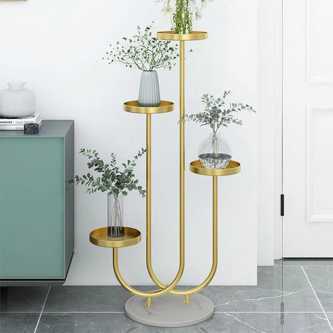 Soga U Shaped Plant Stand Round Flower Pot Tray Living Room Balcony Display Gold Metal Decorative Shelf