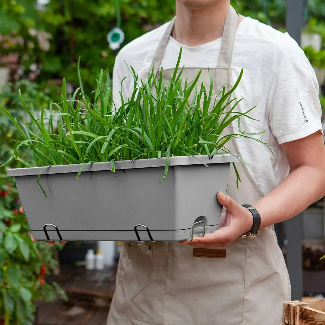 Soga 49.5cm Gray Rectangular Planter Vegetable Herb Flower Outdoor Plastic Box with Holder Balcony Garden Decor Set of 5